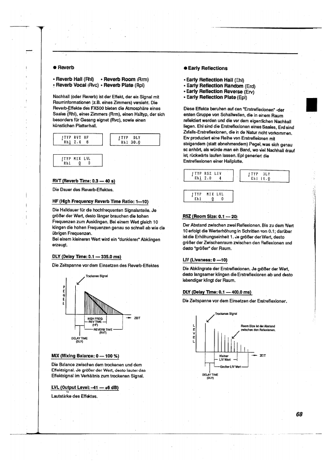 Early reflection hall (ehl), Early reflection random (erd), Early reflection reverse (erv) | Early reflection plate (epi), Early reflection plate | Yamaha FX500 User Manual | Page 68 / 97