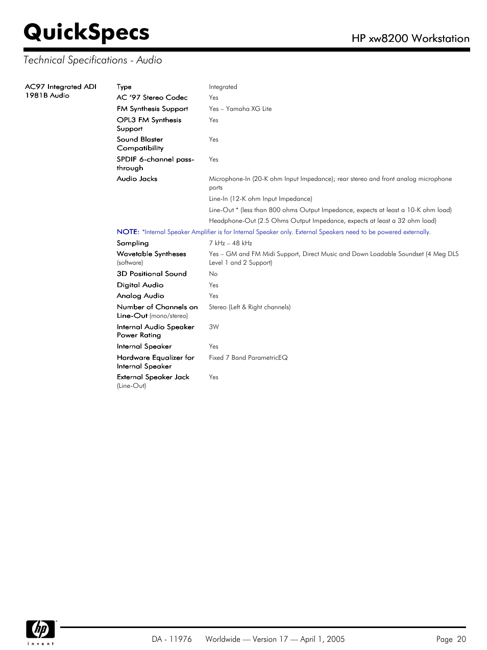 Technical specifications - audio, Quickspecs, Hp xw8200 workstation | Yamaha Laptop PC User Manual | Page 20 / 65