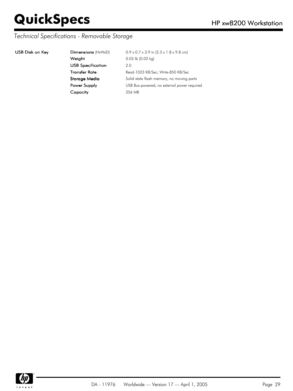 Technical specifications - removable storage, Quickspecs, Hp xw8200 workstation | Yamaha Laptop PC User Manual | Page 29 / 65