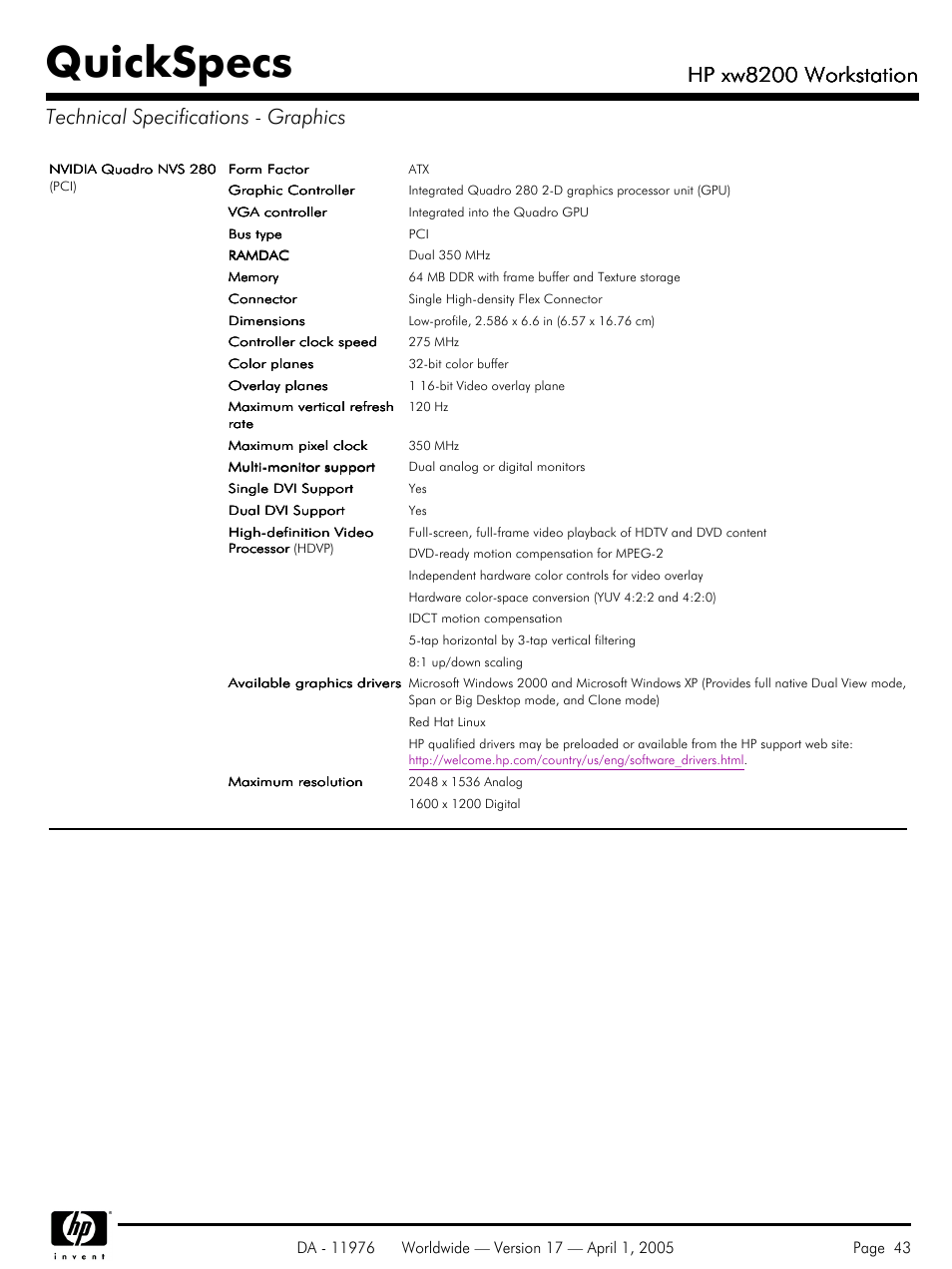 Technical specifications - graphics, Quickspecs, Hp xw8200 workstation | Yamaha Laptop PC User Manual | Page 43 / 65