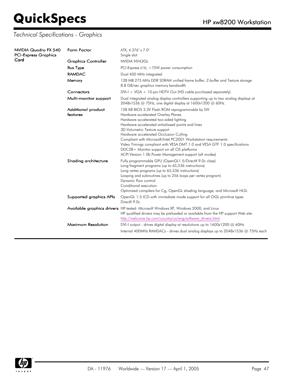 Quickspecs, Hp xw8200 workstation | Yamaha Laptop PC User Manual | Page 47 / 65