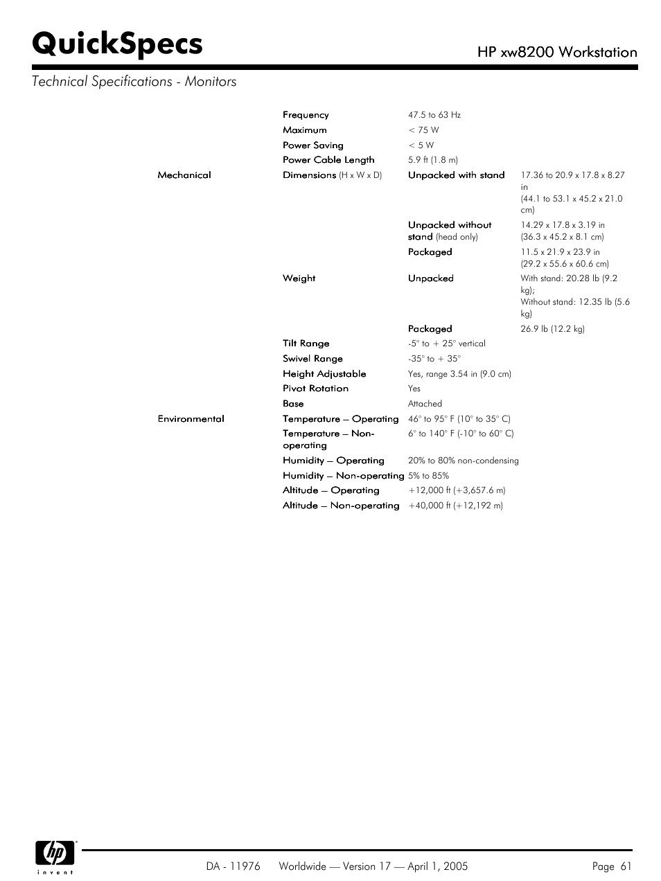 Quickspecs, Hp xw8200 workstation | Yamaha Laptop PC User Manual | Page 61 / 65