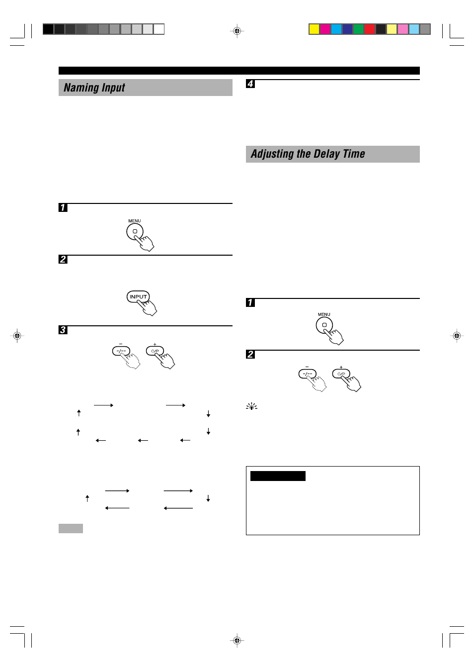 Naming input, Adjusting the delay time | Yamaha AV-S70 User Manual | Page 24 / 40