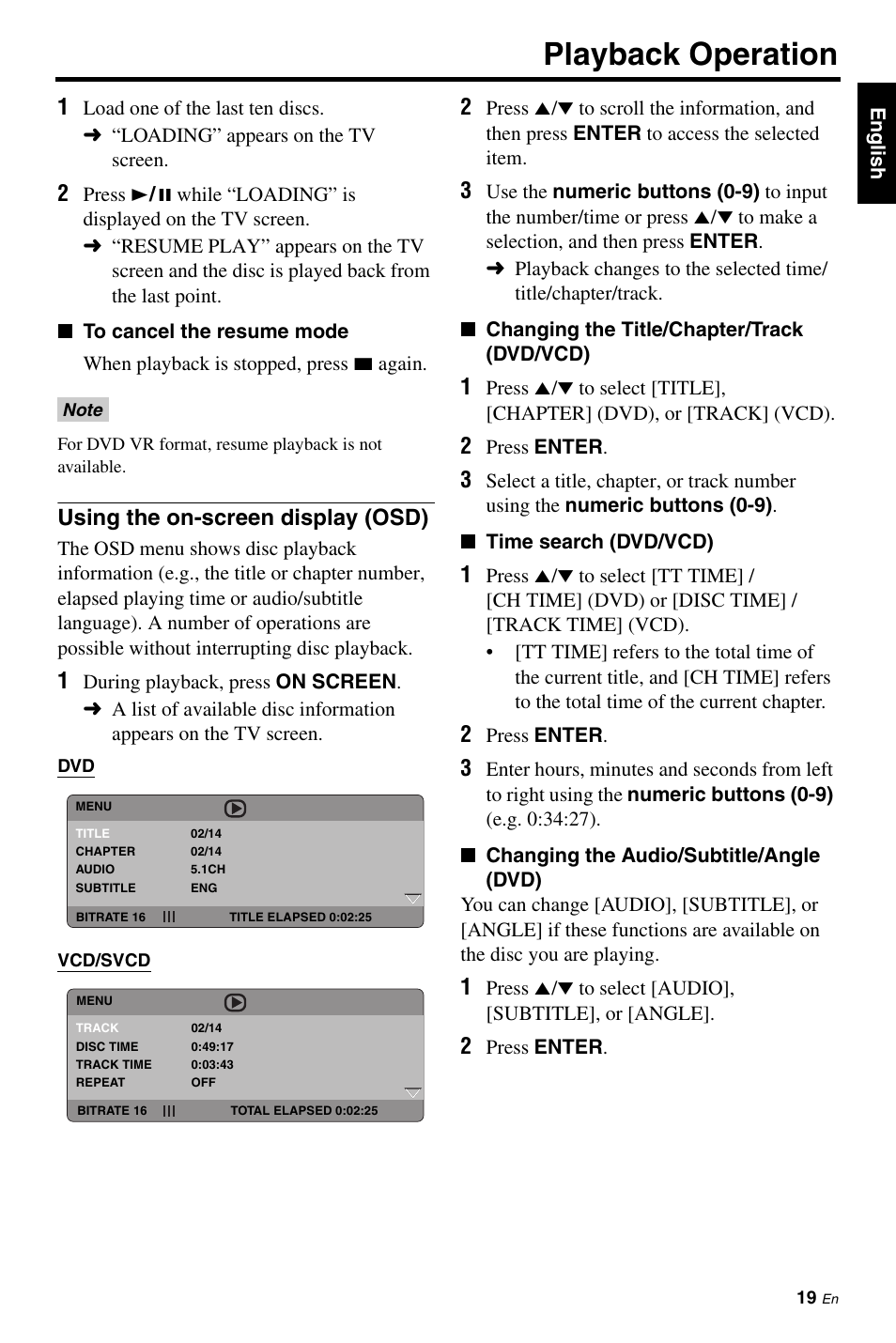 Using the on-screen display (osd), Playback operation | Yamaha DVD-S663 User Manual | Page 23 / 53