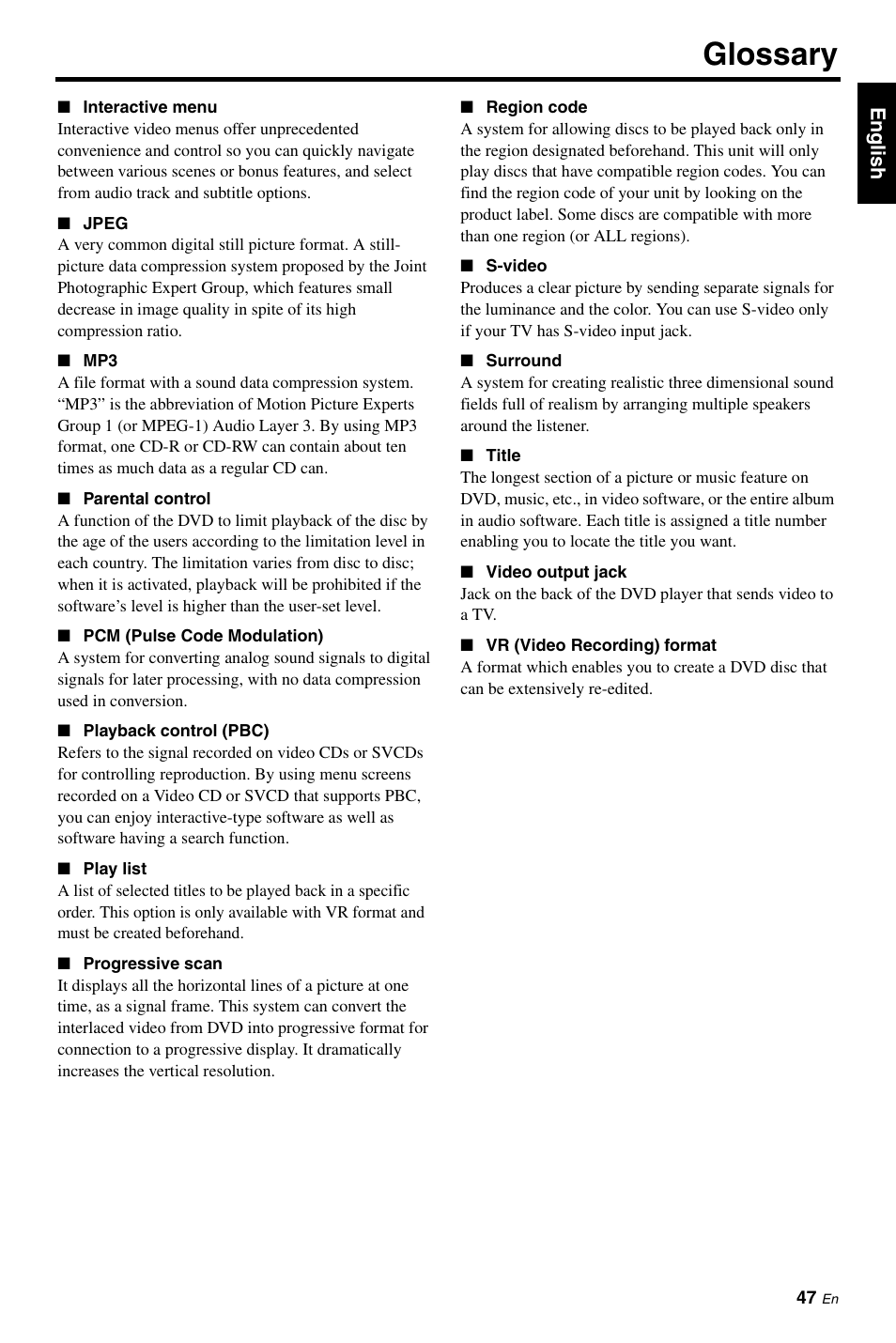 Glossary | Yamaha DVD-S663 User Manual | Page 51 / 53