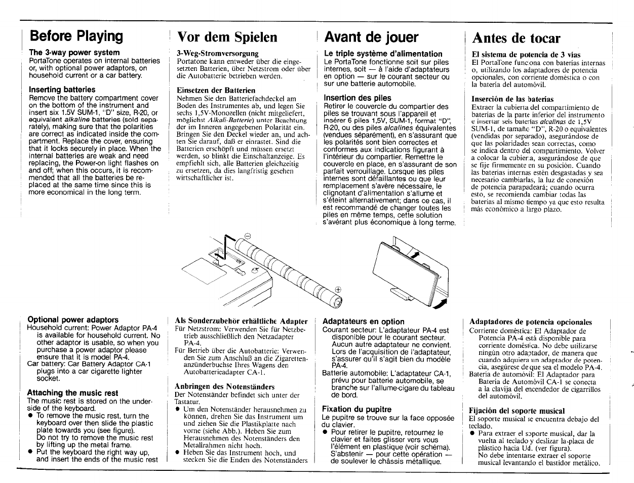 Before playing, The 3-way power system, Inserting batteries | Vor dem spielen, Avant de jouer, Le triple système d’alimentation, Insertion des piles, Antes de tocar, Optional power adaptors, Attaching the music rest | Yamaha Portatone PS-25 User Manual | Page 2 / 28