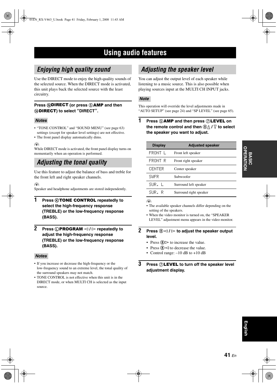 Using audio features, Enjoying high quality sound, Adjusting the tonal quality | Adjusting the speaker level, P. 41 | Yamaha RX-V463 User Manual | Page 45 / 106