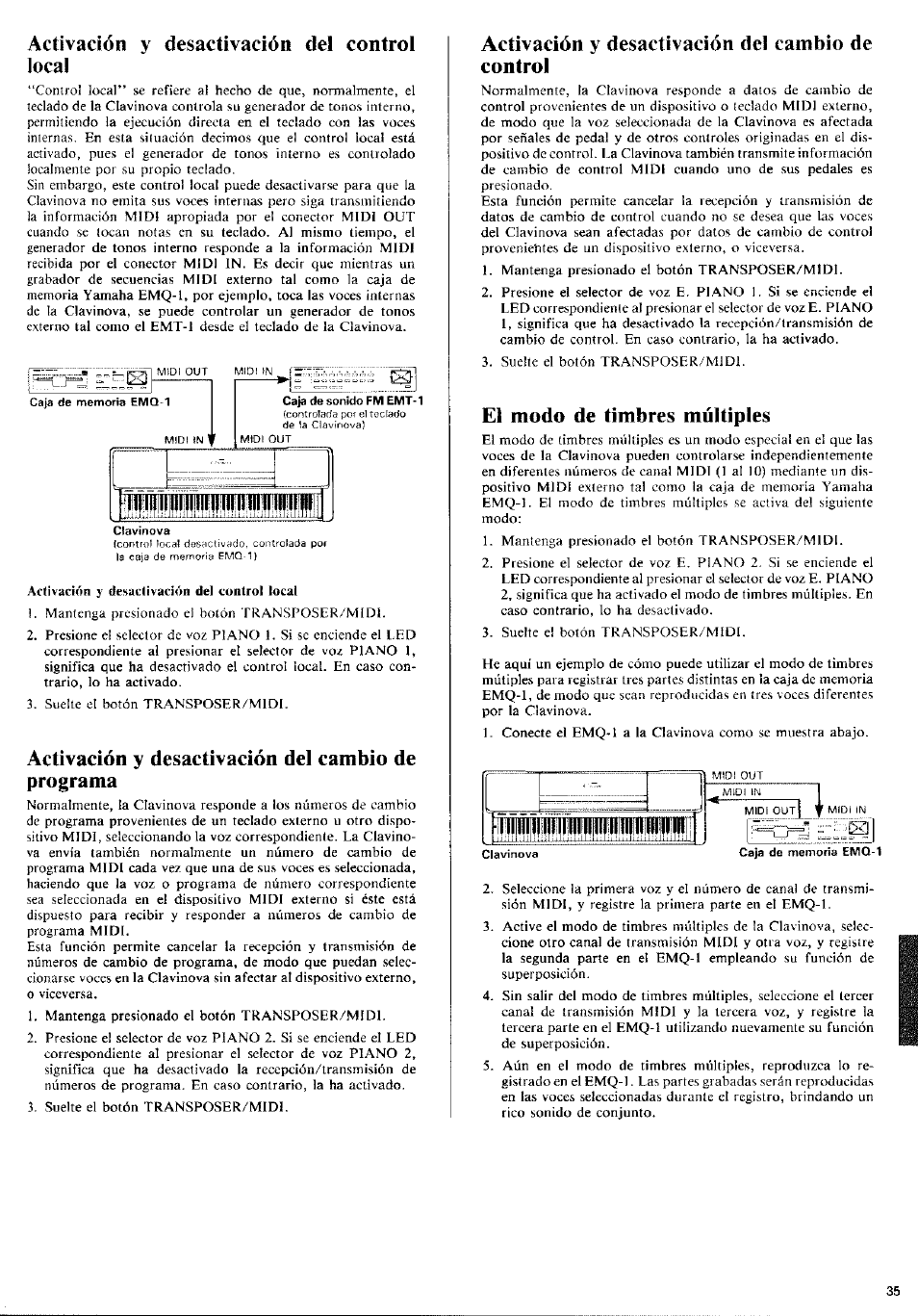 Activación y desactivación del control local, Activación y desactivación del cambio de programa, Activación y desactivación del cambio de control | El modo de timbres múltiples, Activación y desactivación del control, Local, Caja de sonido fm emt-1, Clavinova | Yamaha Clavinova CLP-650 User Manual | Page 13 / 19