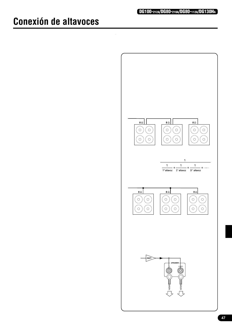 Conexión de altavoces, Para el dg100-212a, Para el dg80-210a/dg80-112a | Para el dg130ha, Impedancia total, Dg100, Dg80, Dg130h | Yamaha DG80-210A User Manual | Page 47 / 84