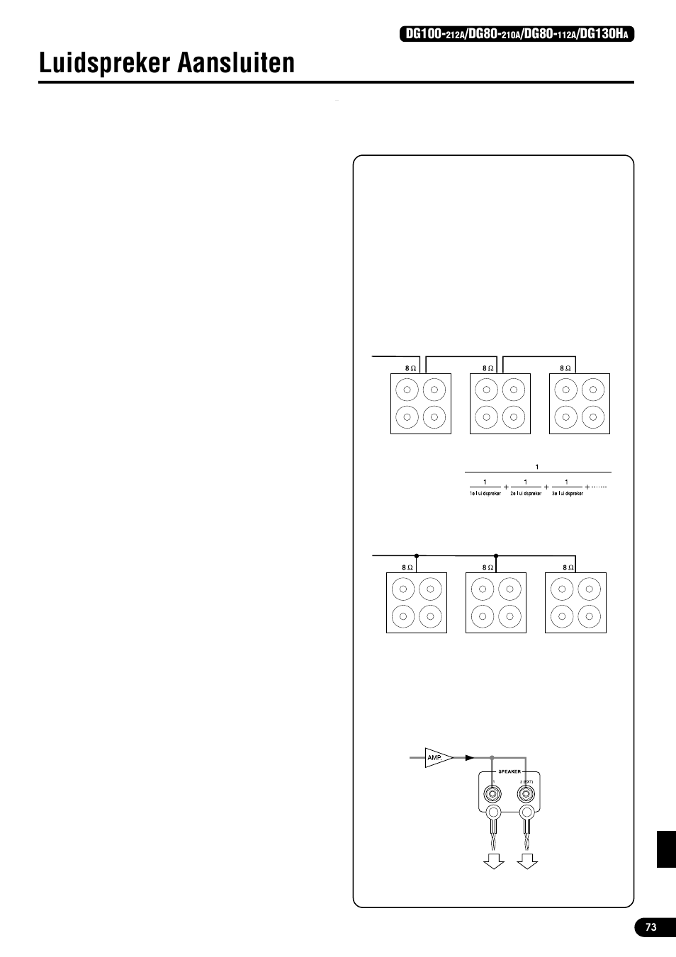 Luidspreker aansluiten, Voor de dg100-212a, Voor de dg80-210a/dg80-112a | Voor de dg130ha, Totale impedantie, Dg100, Dg80, Dg130h | Yamaha DG80-210A User Manual | Page 73 / 84