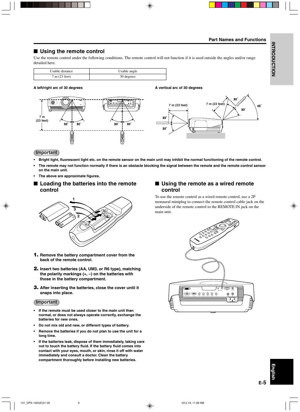 Using the remote control, Loading the batteries into the remote control, Using the remote as a wired remote control | Yamaha DPX-1000 User Manual | Page 10 / 45