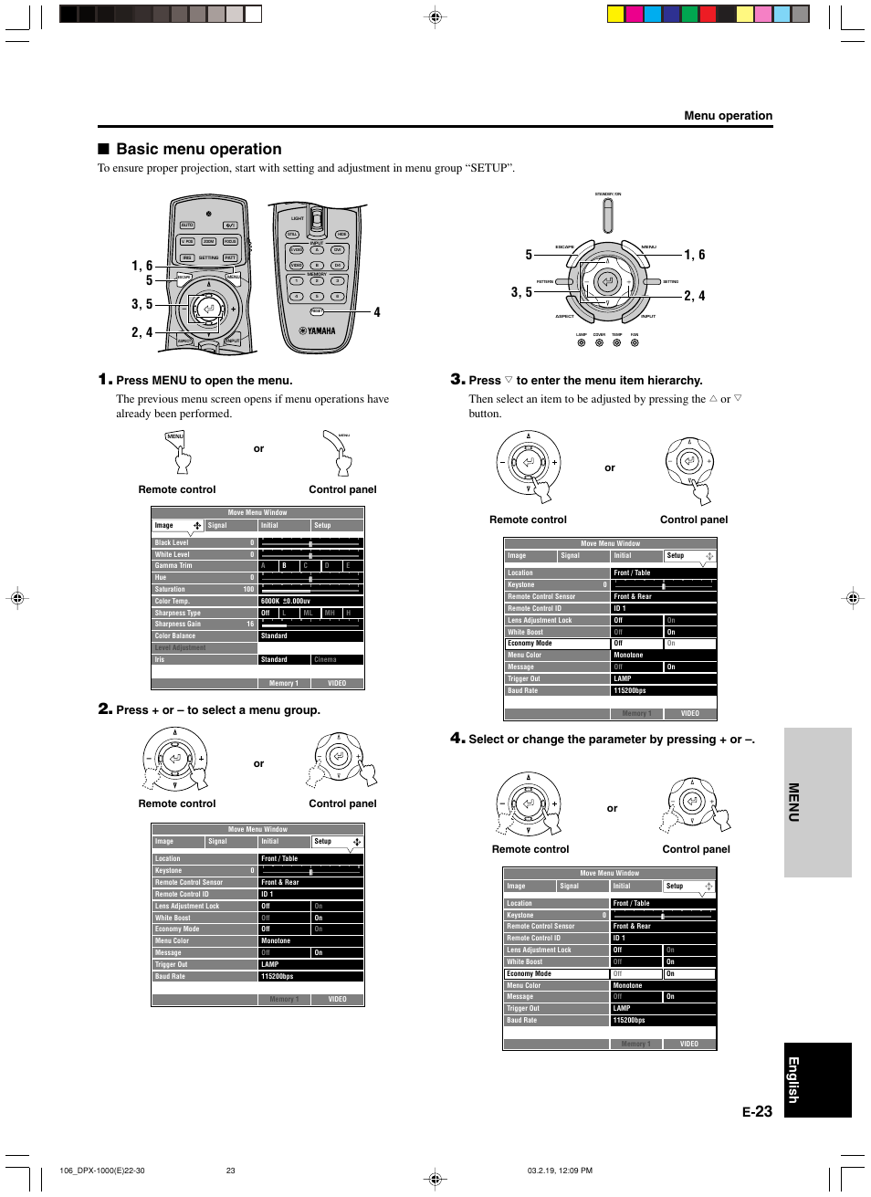 Basic menu operation, Menu english, Menu operation | Press + or – to select a menu group, Select or change the parameter by pressing + or, Remote control or control panel | Yamaha DPX-1000 User Manual | Page 28 / 45