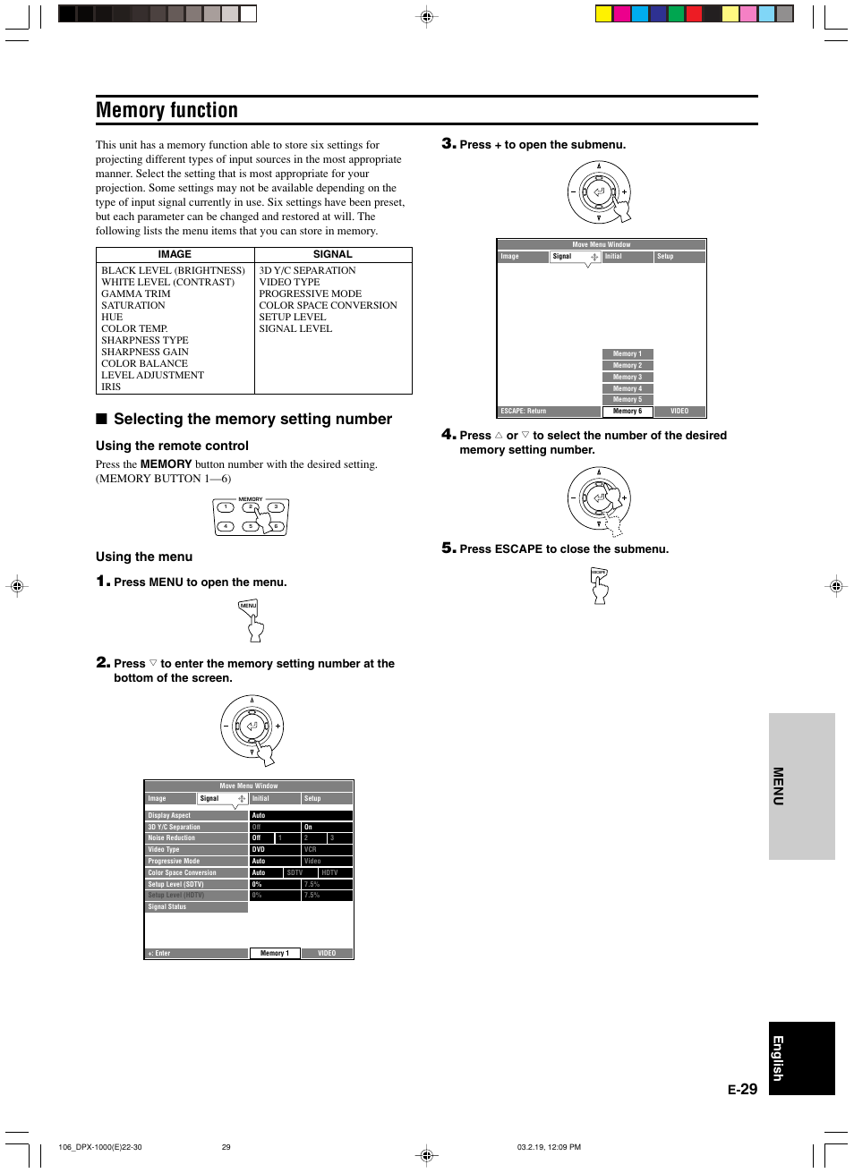 Memory function, Selecting the memory setting number, Menu english | Using the remote control, Using the menu, Press menu to open the menu, Press + to open the submenu, Press escape to close the submenu | Yamaha DPX-1000 User Manual | Page 34 / 45