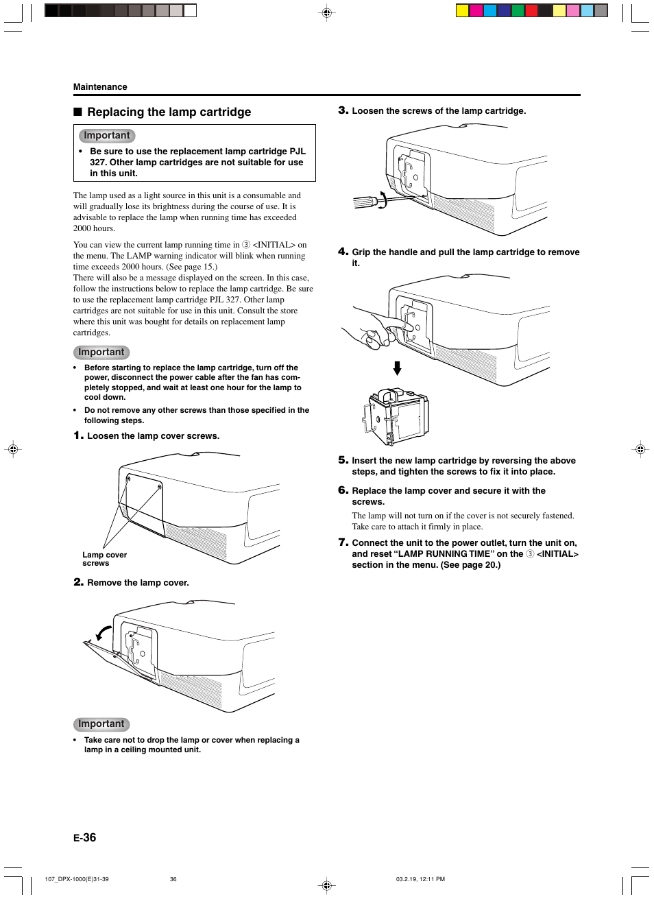 Replacing the lamp cartridge | Yamaha DPX-1000 User Manual | Page 41 / 45