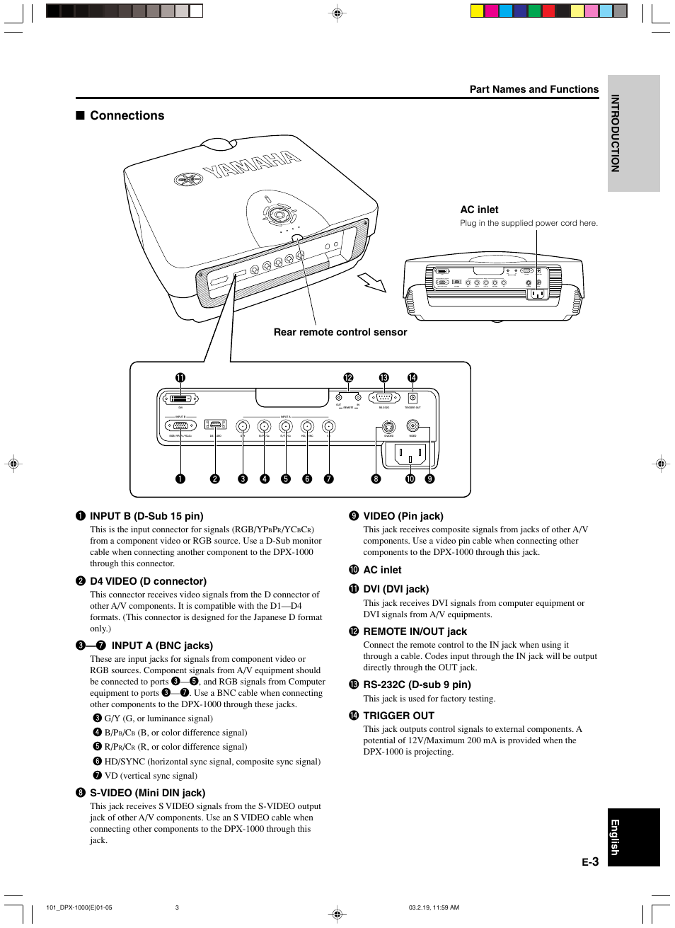 Connections, Intr oduction english, 2 d4 video (d connector) | 3—7 input a (bnc jacks), 8 s-video (mini din jack), 0 ac inlet q dvi (dvi jack), W remote in/out jack, E rs-232c (d-sub 9 pin), R trigger out, Ac inlet | Yamaha DPX-1000 User Manual | Page 8 / 45