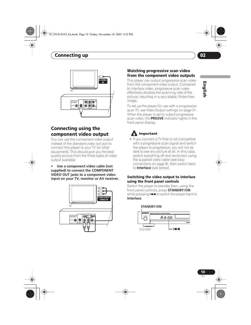 Connecting using the component video output, Connecting up 02, English | Standby/on | Yamaha DVD-S559 User Manual | Page 13 / 44