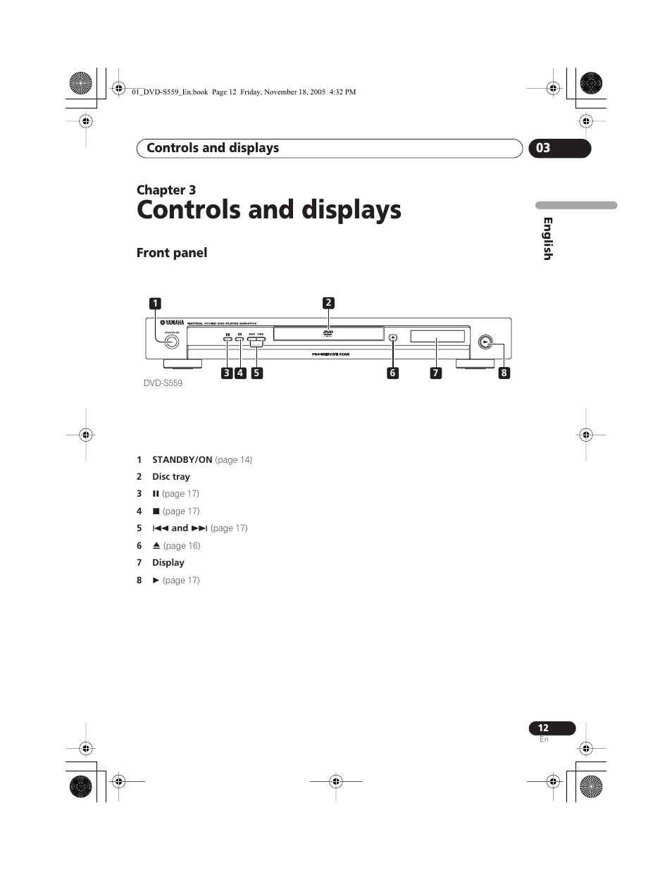 Controls and displays, Front panel, Controls and displays 03 | Chapter 3 | Yamaha DVD-S559 User Manual | Page 15 / 44