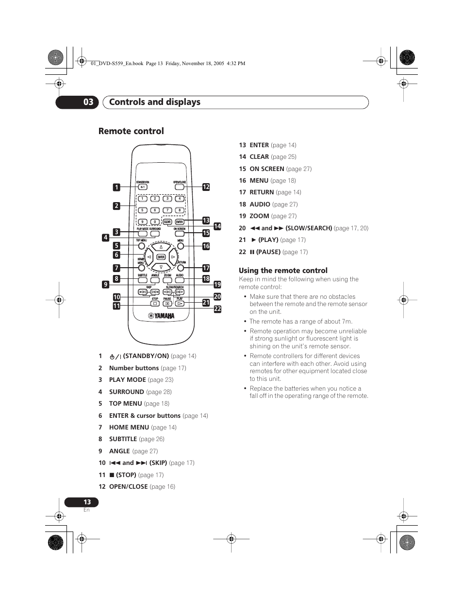 Remote control, Using the remote control, Controls and displays 03 | Yamaha DVD-S559 User Manual | Page 16 / 44