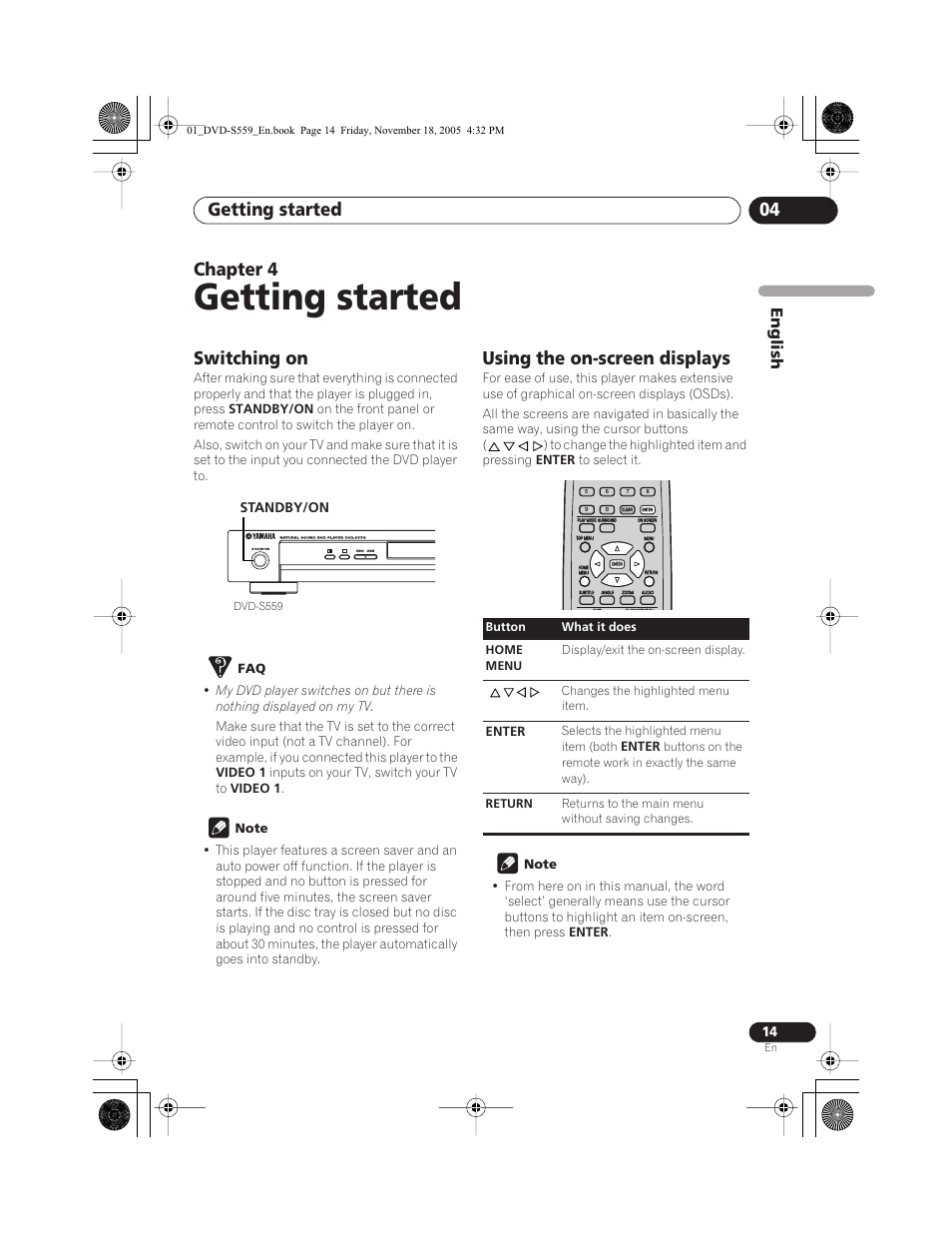 Getting started, Switching on, Using the on-screen displays | Getting started 04, Chapter 4, English, Standby/on, Enter | Yamaha DVD-S559 User Manual | Page 17 / 44