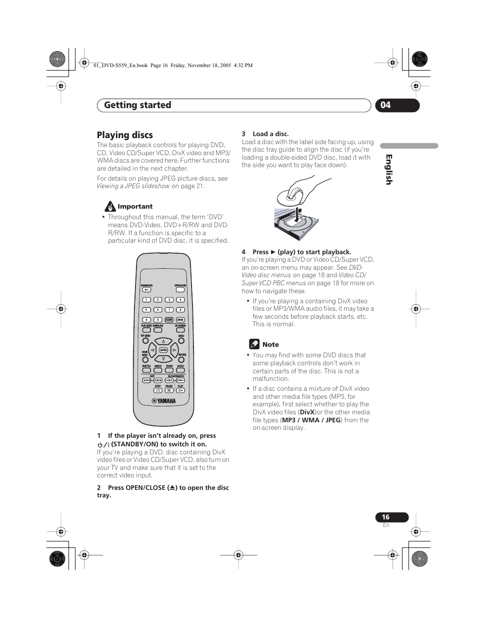Playing discs, Skip), Getting started 04 | English | Yamaha DVD-S559 User Manual | Page 19 / 44