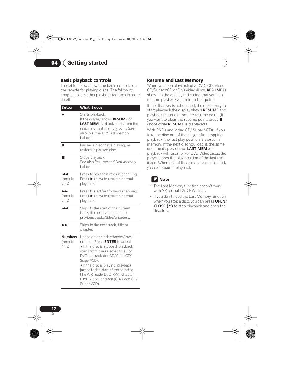 Basic playback controls, Resume and last memory, Getting started 04 | Yamaha DVD-S559 User Manual | Page 20 / 44