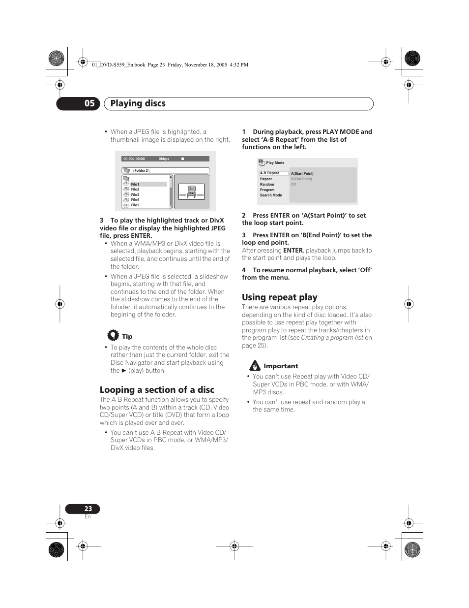 Looping a section of a disc, Using repeat play, Standby/on) | Playing discs 05 | Yamaha DVD-S559 User Manual | Page 26 / 44