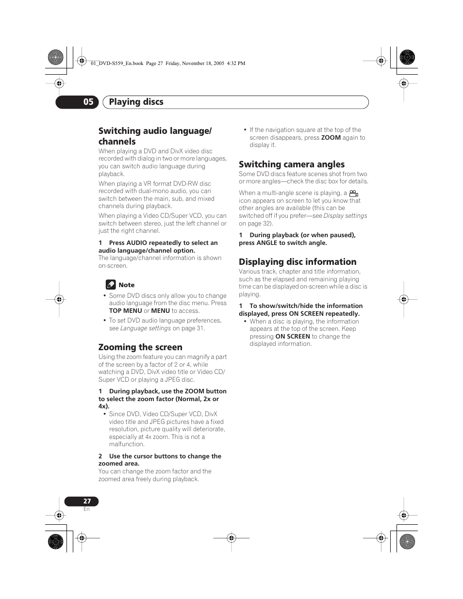 Switching audio language/ channels, Zooming the screen, Switching camera angles | Displaying disc information, Playing discs 05 | Yamaha DVD-S559 User Manual | Page 30 / 44