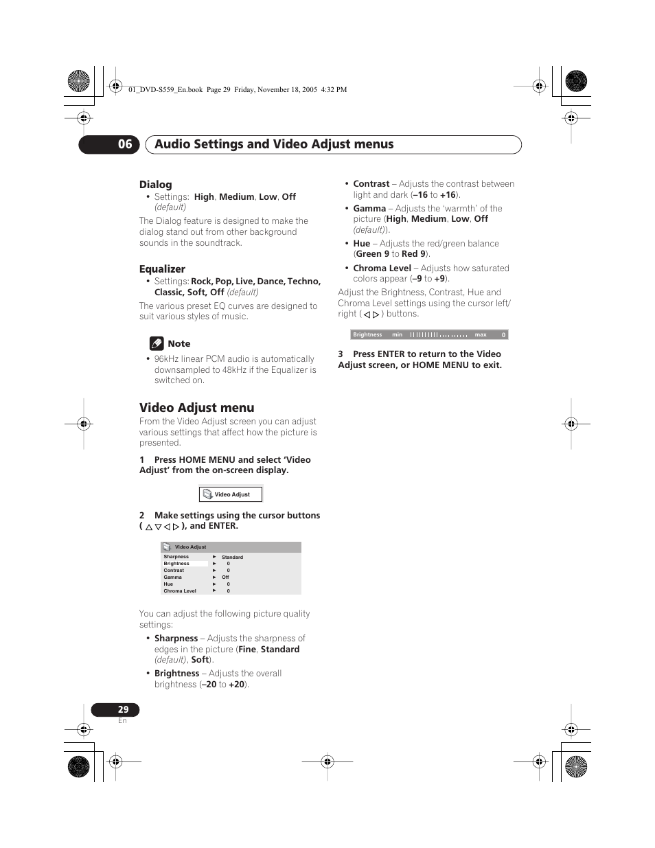 Dialog, Equalizer, Video adjust menu | Audio settings and video adjust menus 06 | Yamaha DVD-S559 User Manual | Page 32 / 44