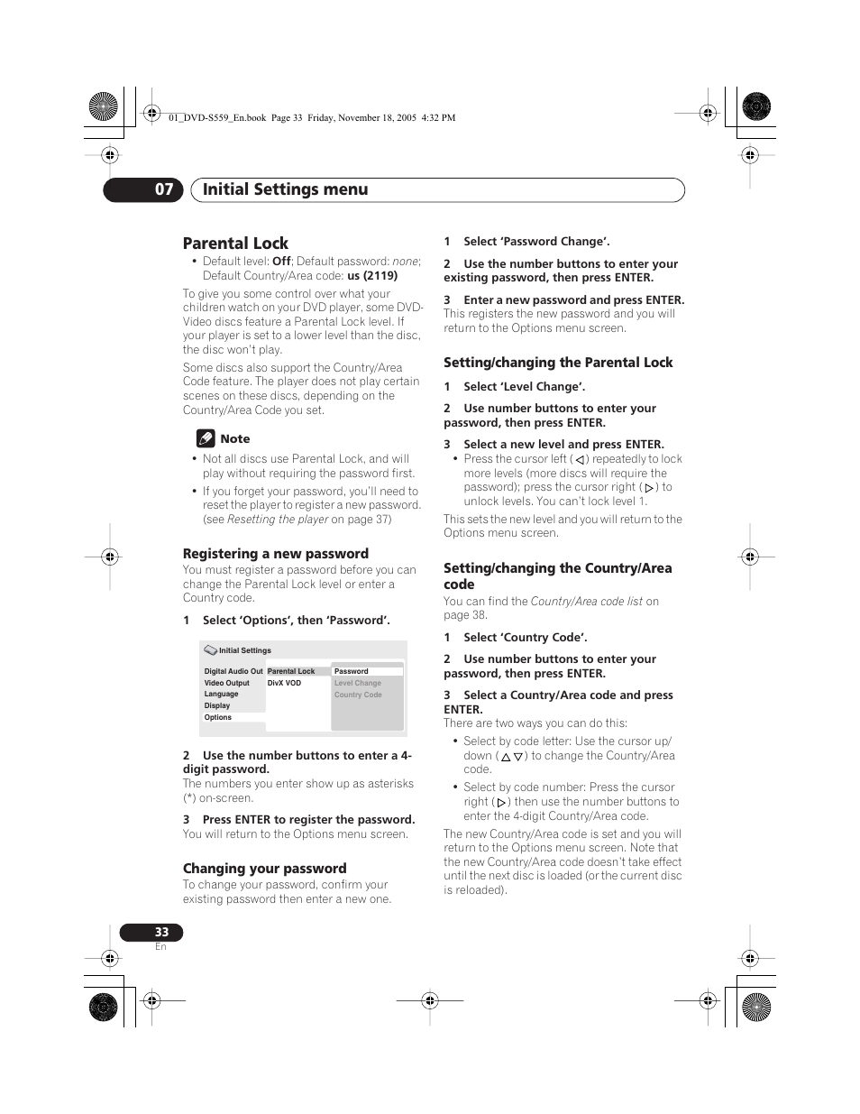 Parental lock, Registering a new password, Changing your password | Setting/changing the parental lock, Setting/changing the country/area code, Initial settings menu 07 | Yamaha DVD-S559 User Manual | Page 36 / 44