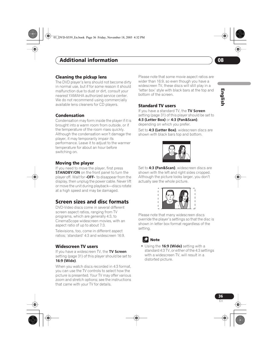 Cleaning the pickup lens, Condensation, Moving the player | Screen sizes and disc formats, Widescreen tv users, Standard tv users, Setting, Tv screen, Additional information 08 | Yamaha DVD-S559 User Manual | Page 39 / 44
