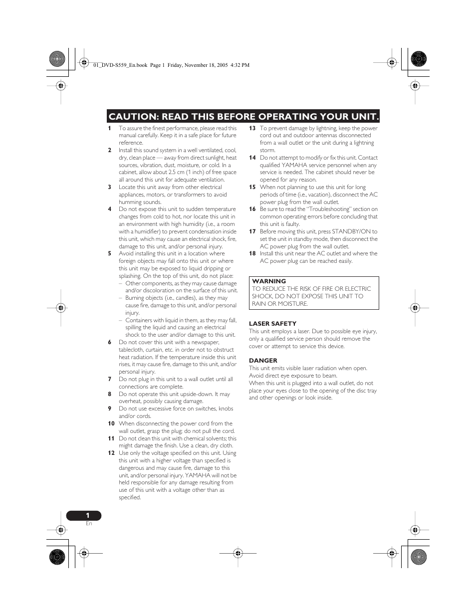 English, Caution: read this before operating your unit | Yamaha DVD-S559 User Manual | Page 4 / 44