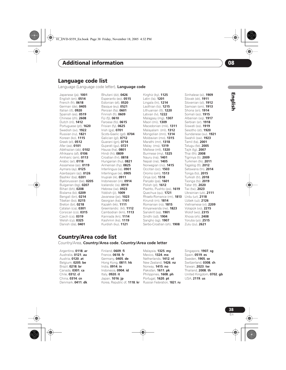Language code list, Country/area code list, Additional information 08 | English | Yamaha DVD-S559 User Manual | Page 41 / 44