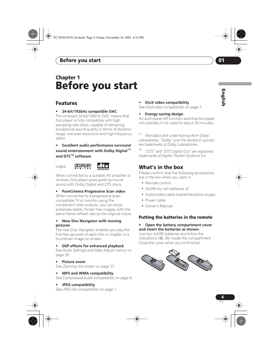 Before you start, Features, What’s in the box | Putting the batteries in the remote, Before you start 01, Chapter 1 | Yamaha DVD-S559 User Manual | Page 7 / 44
