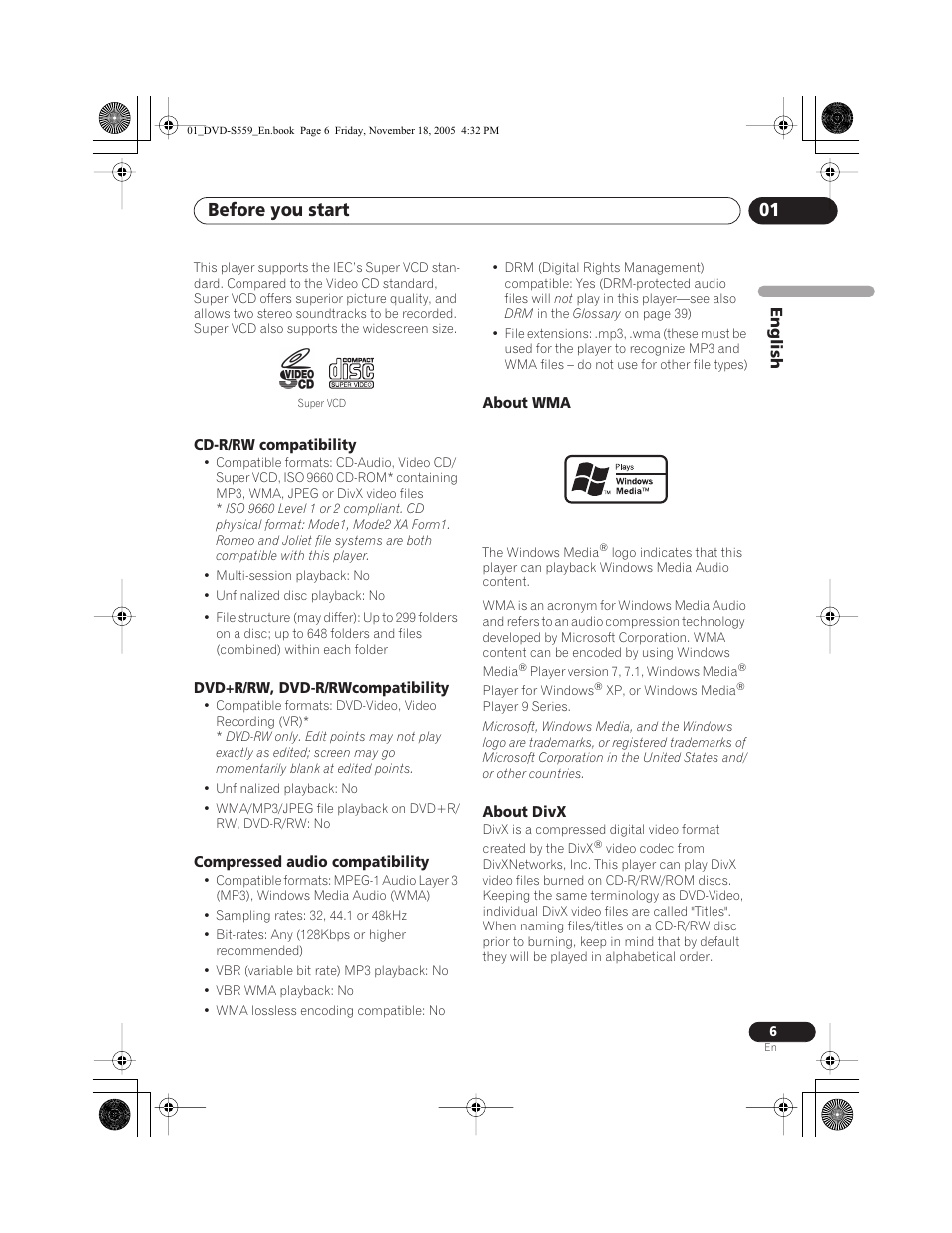 Cd-r/rw compatibility, Dvd+r/rw, dvd-r/rwcompatibility, Compressed audio compatibility | About wma, About divx, Before you start 01 | Yamaha DVD-S559 User Manual | Page 9 / 44