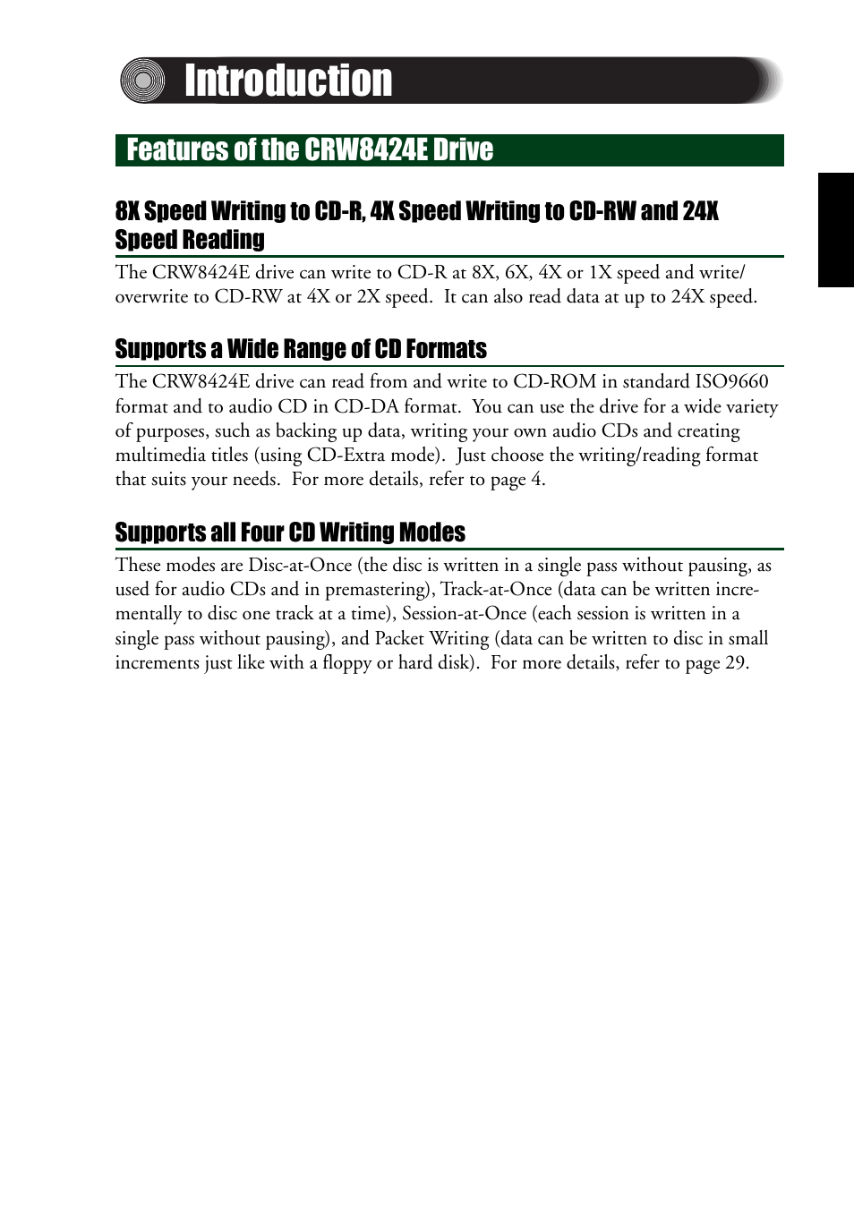 Introduction, Features of the crw8424e drive | Yamaha CRW8424E User Manual | Page 11 / 46