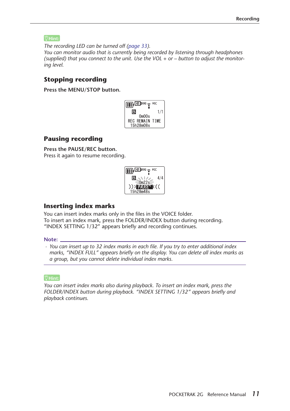 Stopping recording, Pausing recording, Inserting index marks | Yamaha POCKETRAK 2G User Manual | Page 11 / 54