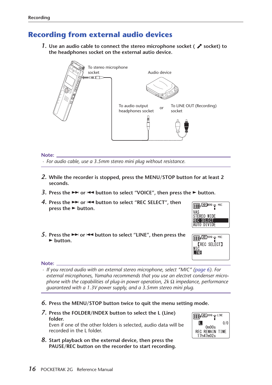 Recording from external audio devices | Yamaha POCKETRAK 2G User Manual | Page 16 / 54