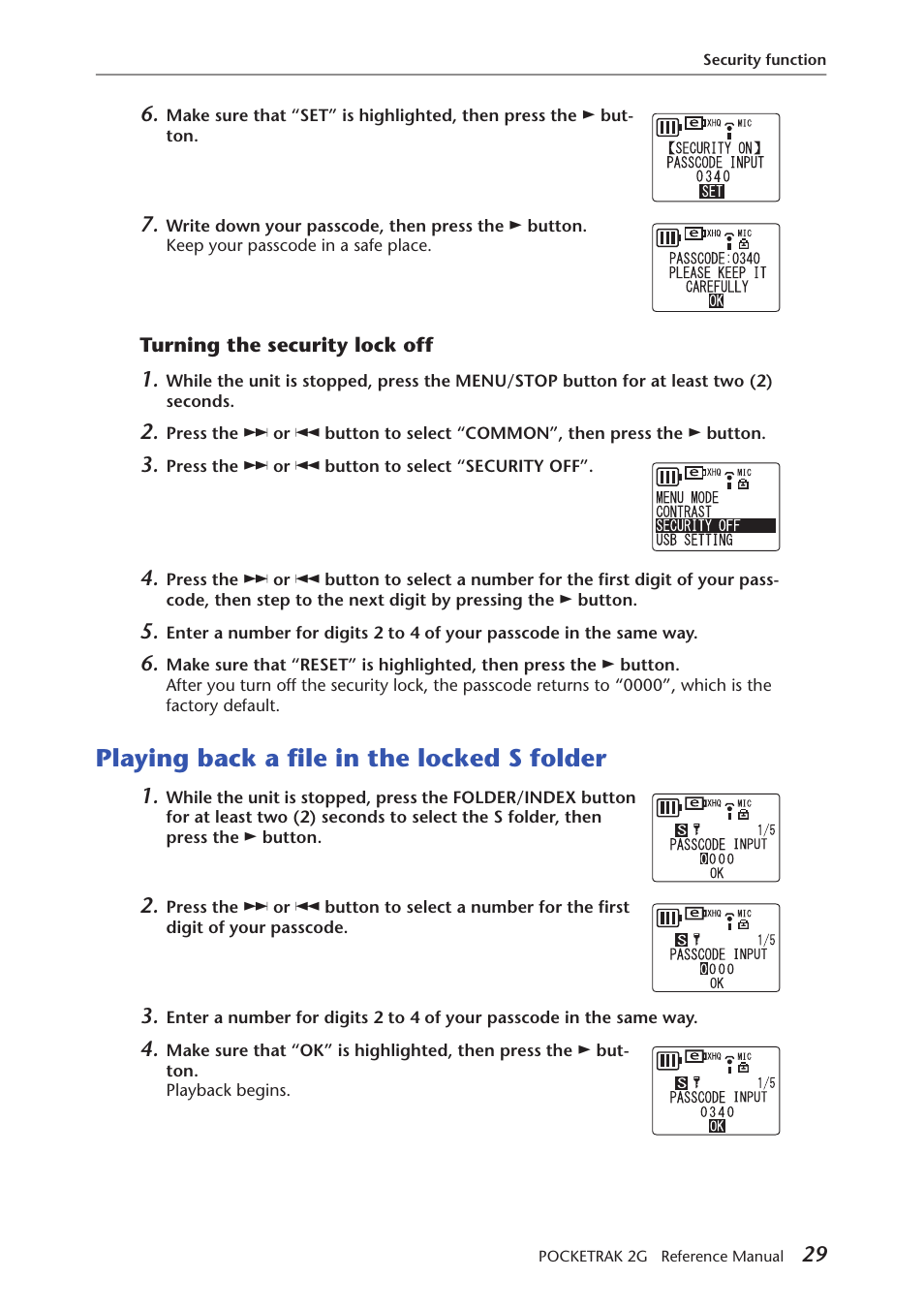 Turning the security lock off, Playing back a file in the locked s folder | Yamaha POCKETRAK 2G User Manual | Page 29 / 54