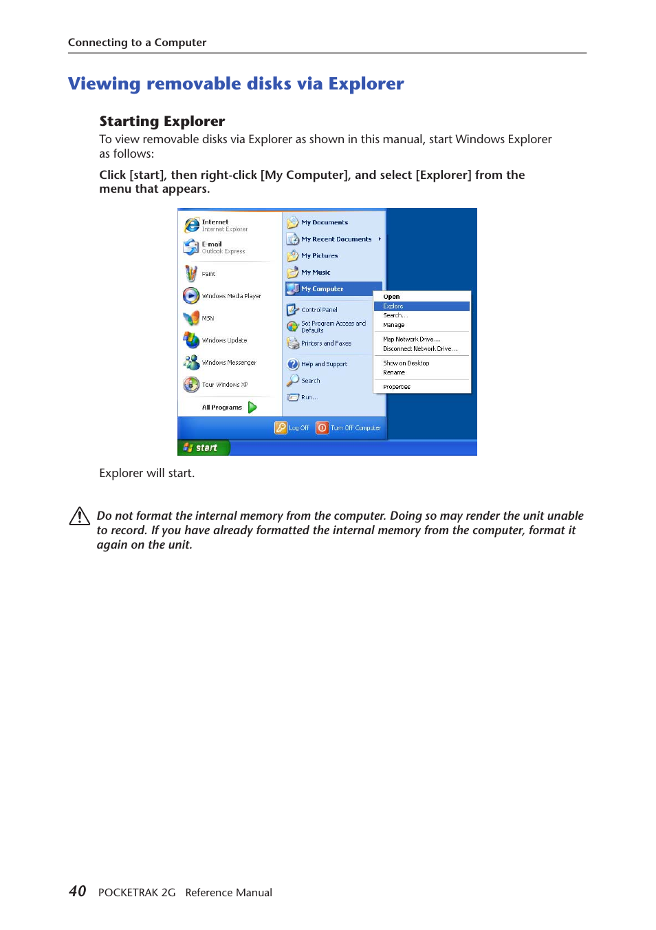 Viewing removable disks via explorer, Starting explorer | Yamaha POCKETRAK 2G User Manual | Page 40 / 54