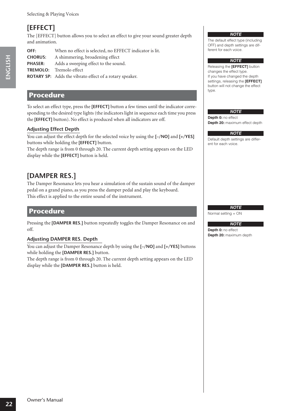 Effect, Damper res, Procedure | 22 english | Yamaha ARIUS YDP-181 User Manual | Page 22 / 70