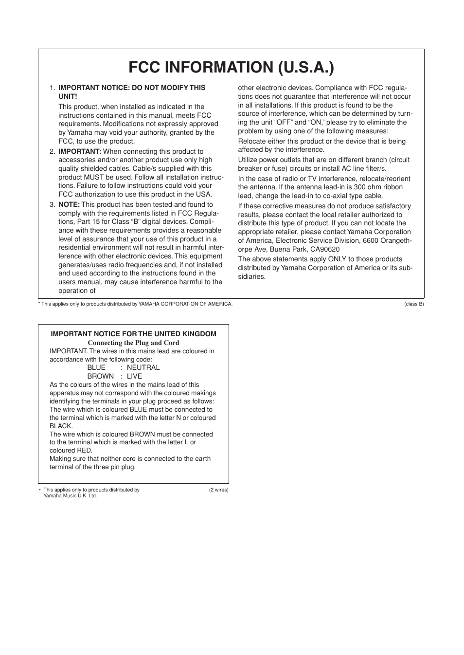 Fcc information (u.s.a.) | Yamaha ARIUS YDP-181 User Manual | Page 68 / 70