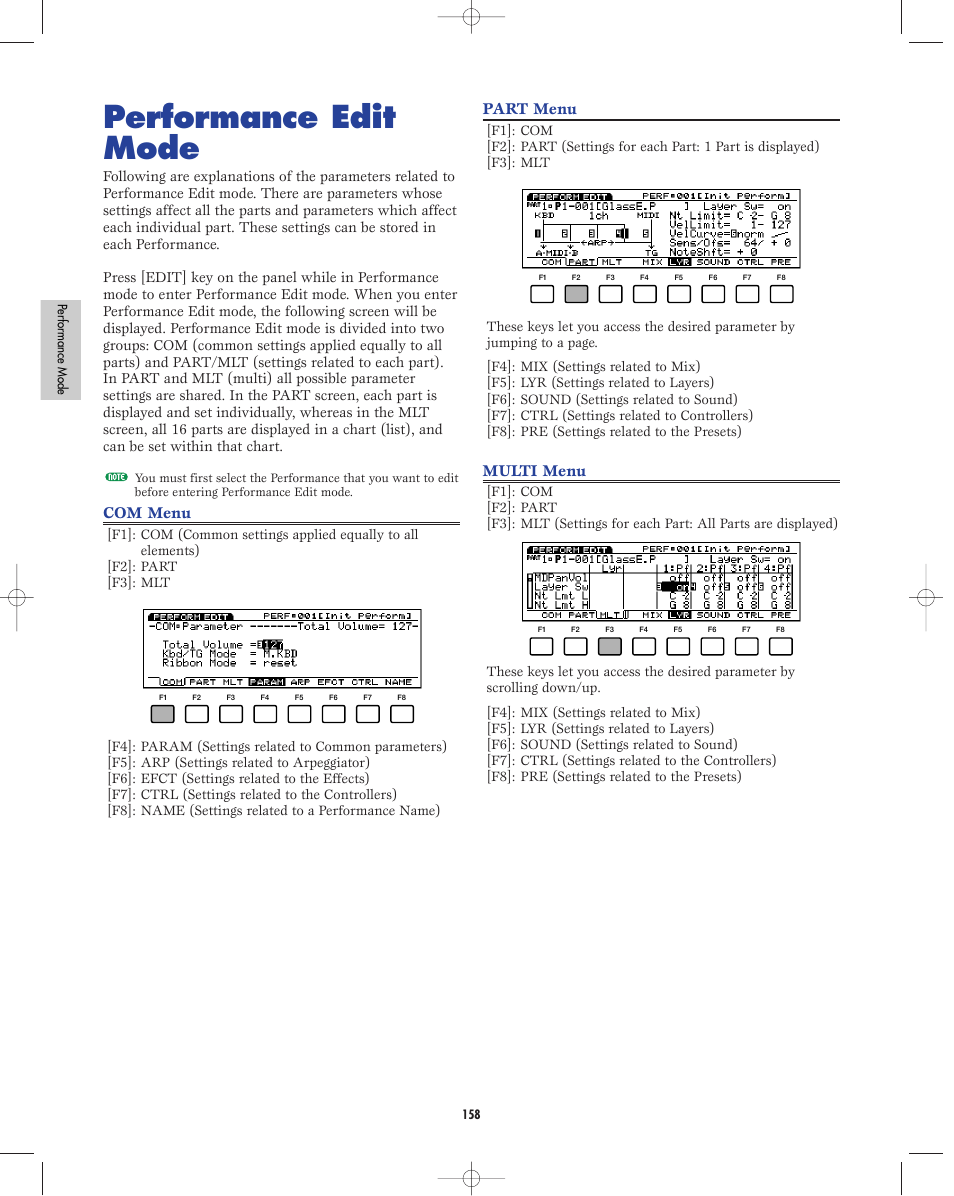 Performance edit mode, Com menu, Part menu | Multi menu | Yamaha EX5R User Manual | Page 158 / 304