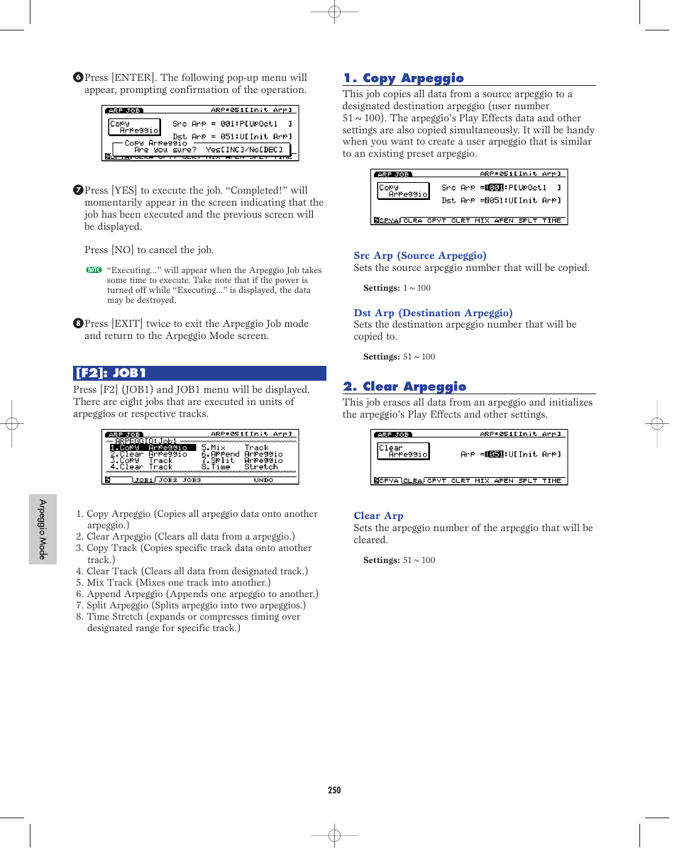 F2:job1, Copy arpeggio, Clear arpeggio | Yamaha EX5R User Manual | Page 250 / 304