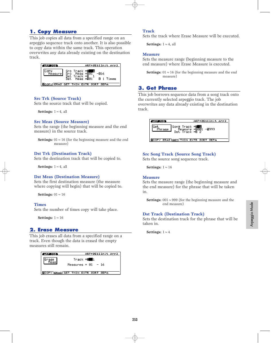 Copy measure, Erase measure, Get phrase | Yamaha EX5R User Manual | Page 253 / 304