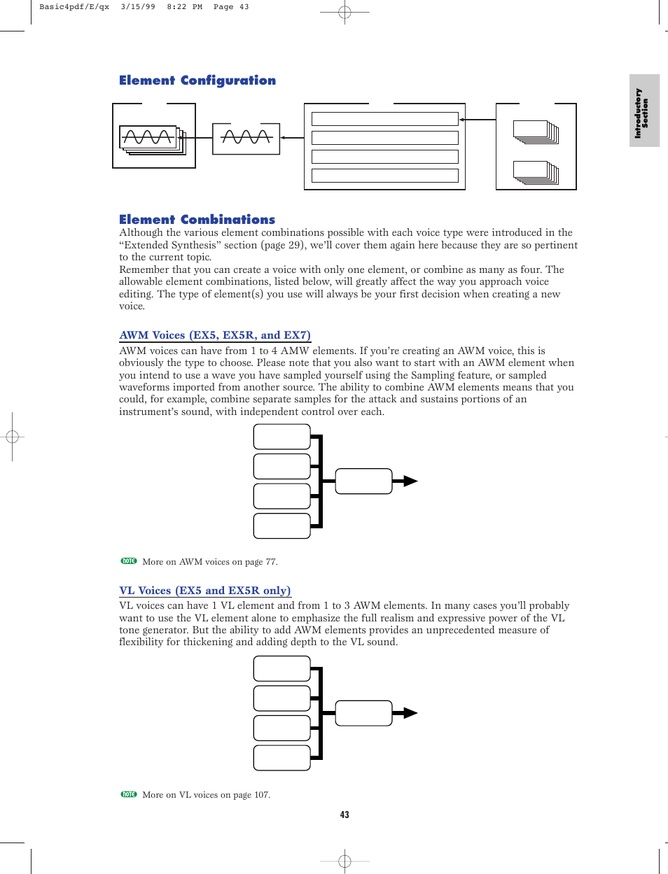 Element configuration ■ element combinations, Awm voices (ex5, ex5r, and ex7), Vl voices (ex5 and ex5r only) | Yamaha EX5R User Manual | Page 43 / 304