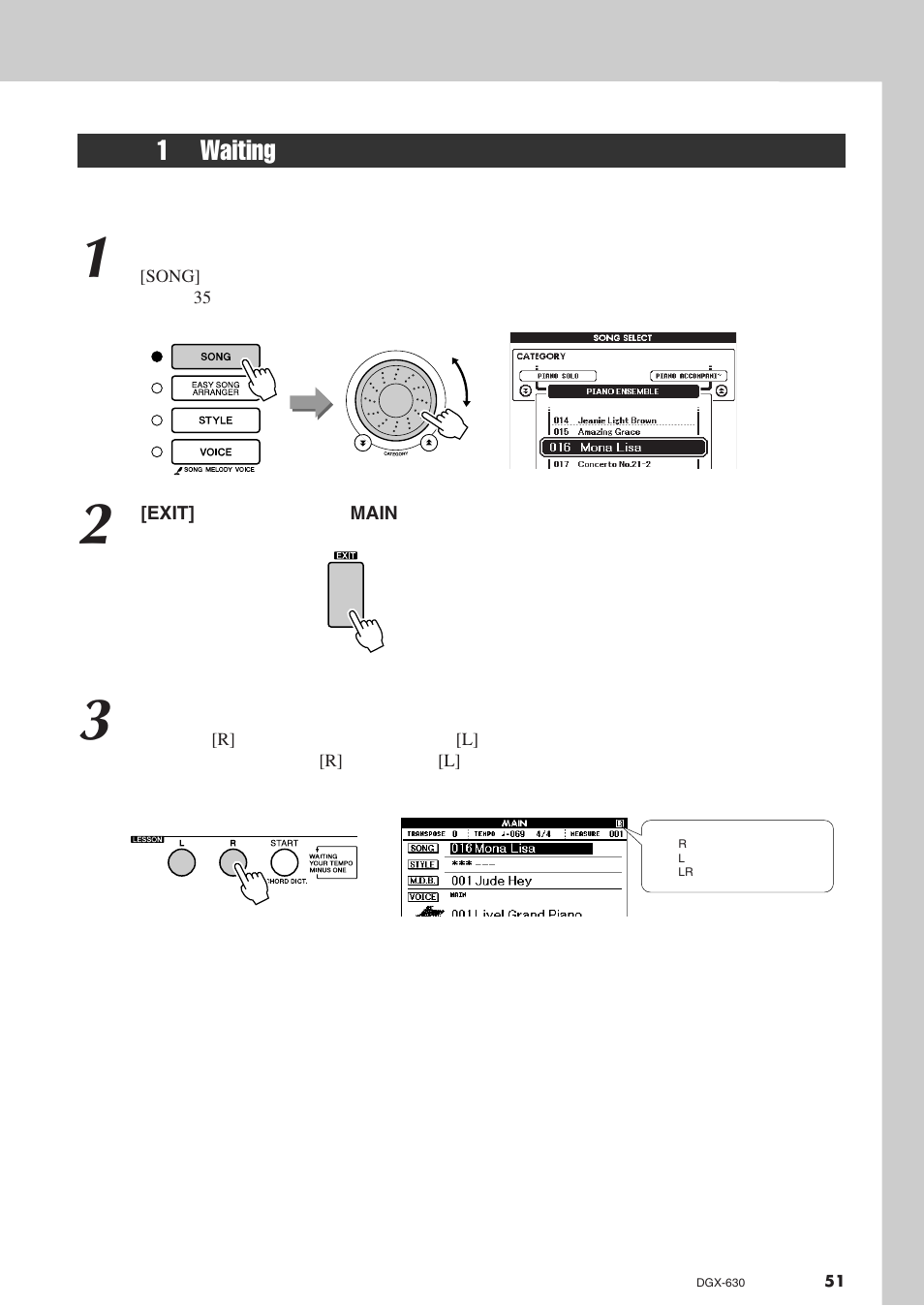 教学1－waiting（等待, Waiting, Lesson [l], [r], [start | 1waiting | Yamaha DGX-630 User Manual | Page 51 / 154