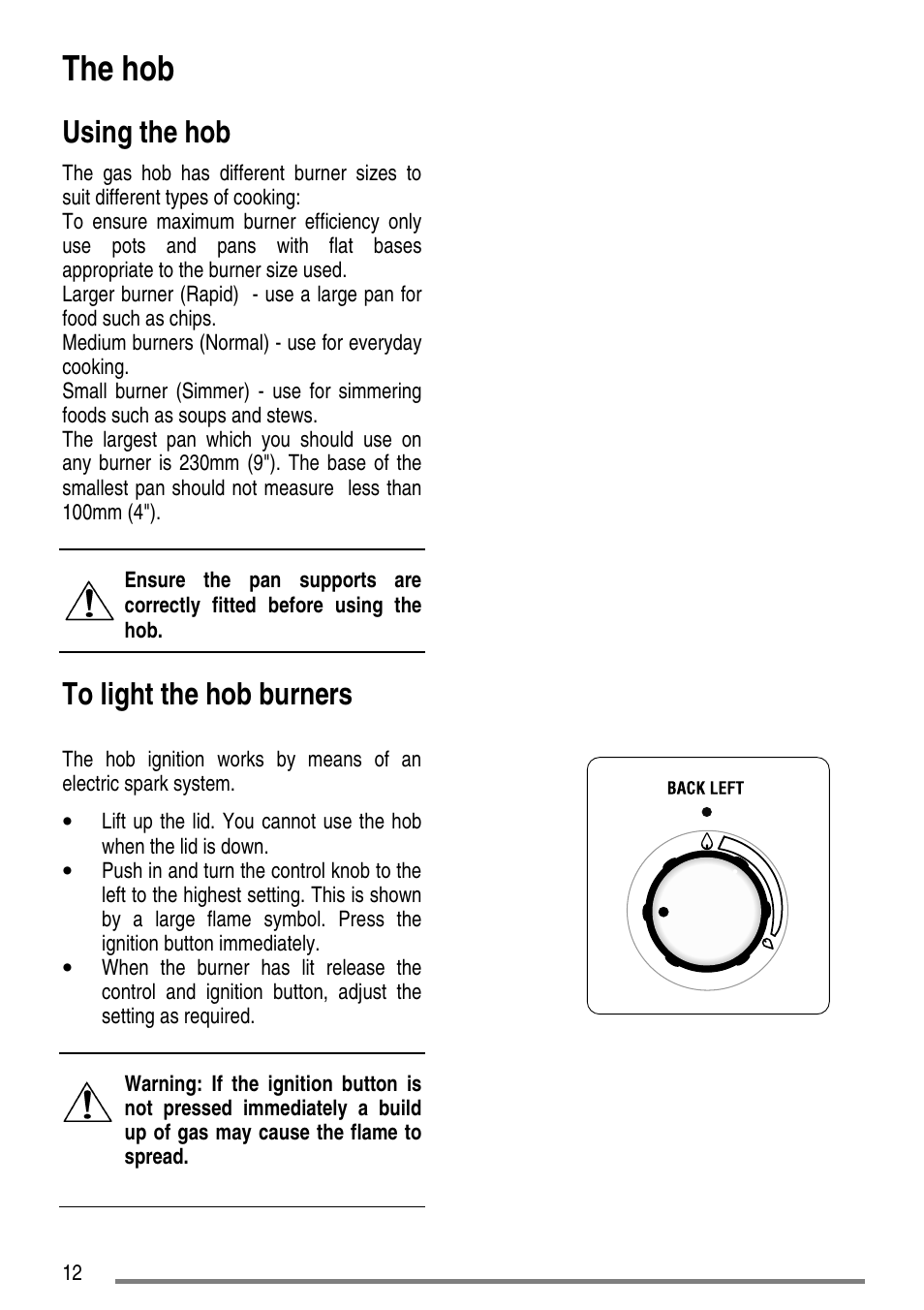 The hob, Using the hob | Zanussi ZCG7551 User Manual | Page 12 / 44