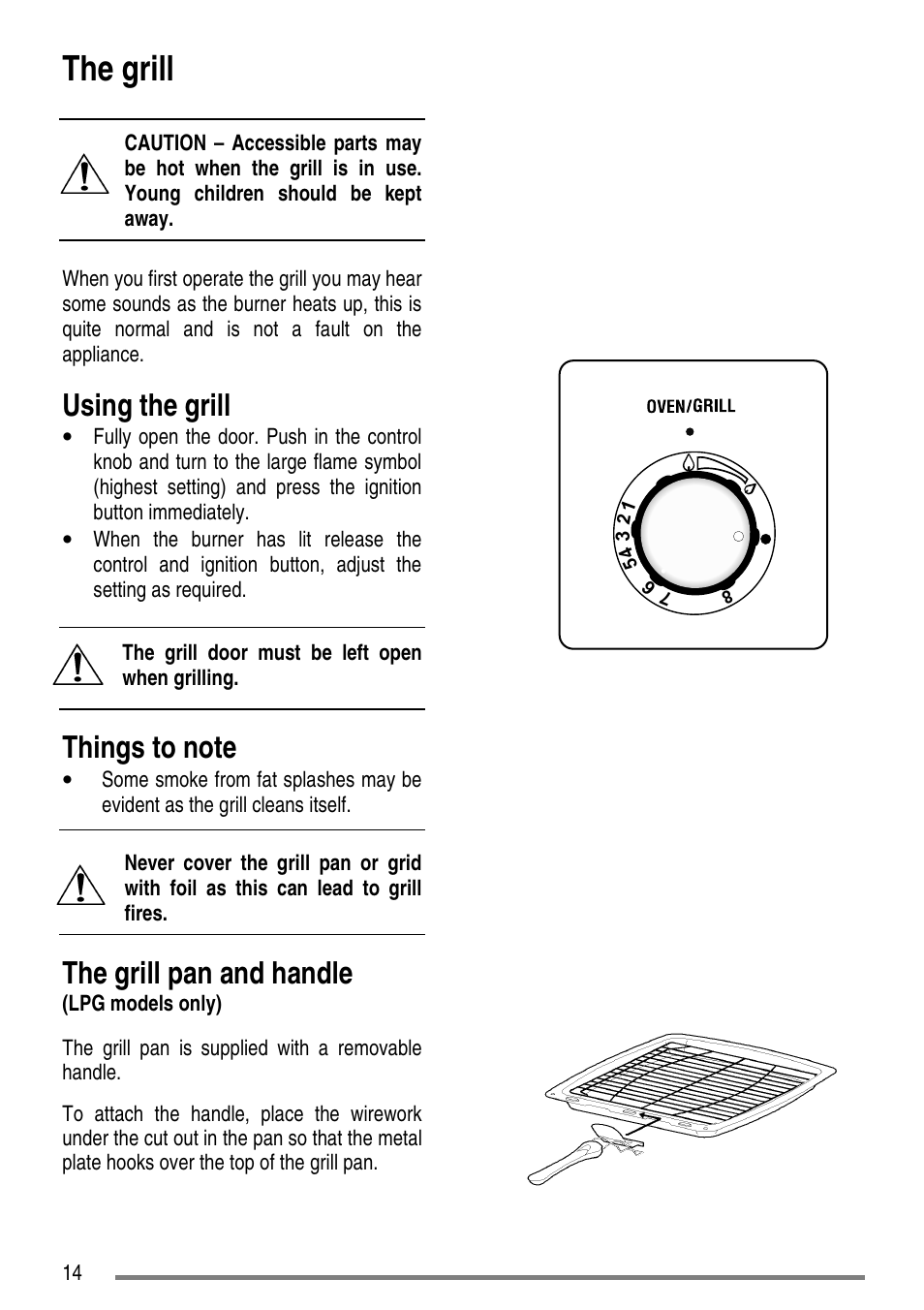 The grill, Using the grill, The grill pan and handle | Zanussi ZCG7551 User Manual | Page 14 / 44