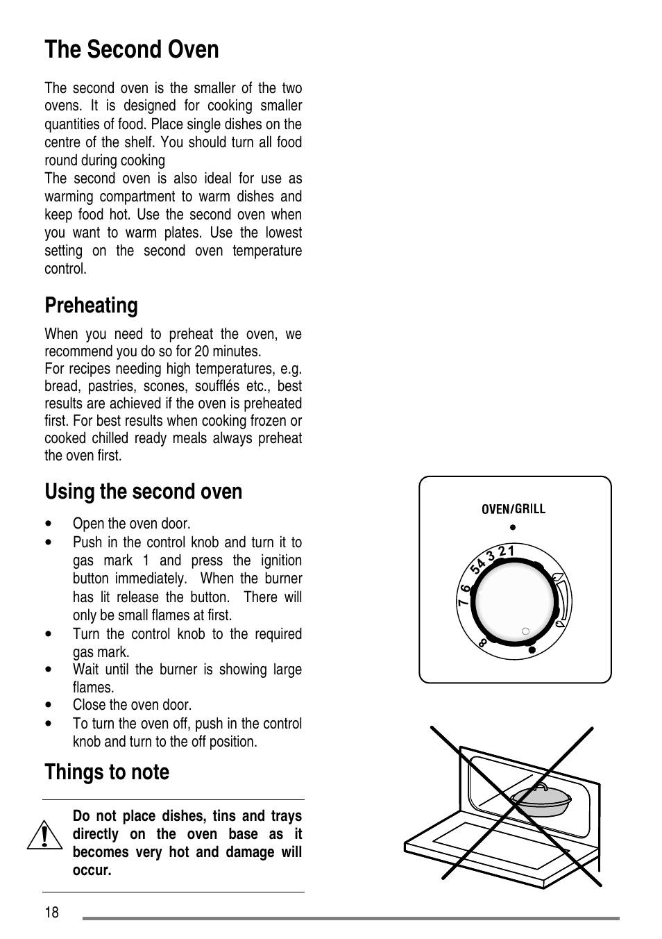 The second oven, Preheating, Using the second oven | Zanussi ZCG7551 User Manual | Page 18 / 44