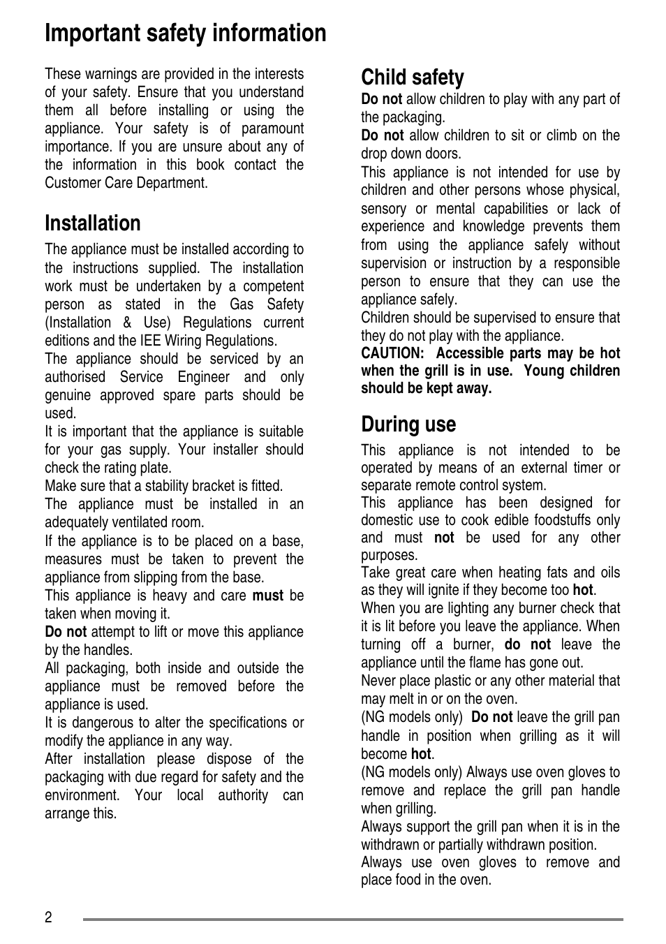 Important safety information, Installation, Child safety | During use | Zanussi ZCG7551 User Manual | Page 2 / 44